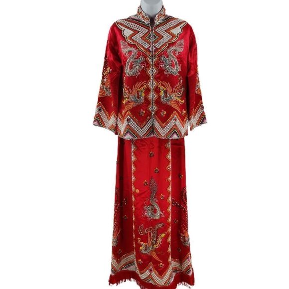 Vintage Red Satin and Pearl Beaded Qun Kwa Dress - Picture 1 of 9